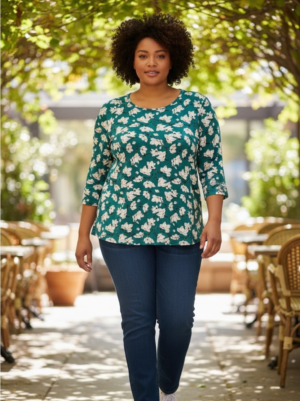 Philosophy Woman 1X Teal Floral 3/4 Sleeve Stretch Tunic Top Plus Size